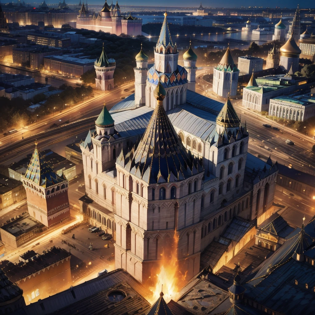 blue sky, evening light, (Aerial View of Kremlin complex of buildings:1.6), ((Beautiful woman is (Floating in the Air))), Delicate white BodySuit, (Detailed beautiful face), wide angle lens f/2.8, ultra insane high resolution intricate textures, texture indentation, perfect perspective, Geometric, in another dimension worlds, fire all around, energy fields, ((luminism)), ultra detailed busy background, tessellation, maximalism, IPA Award wining masterpiece