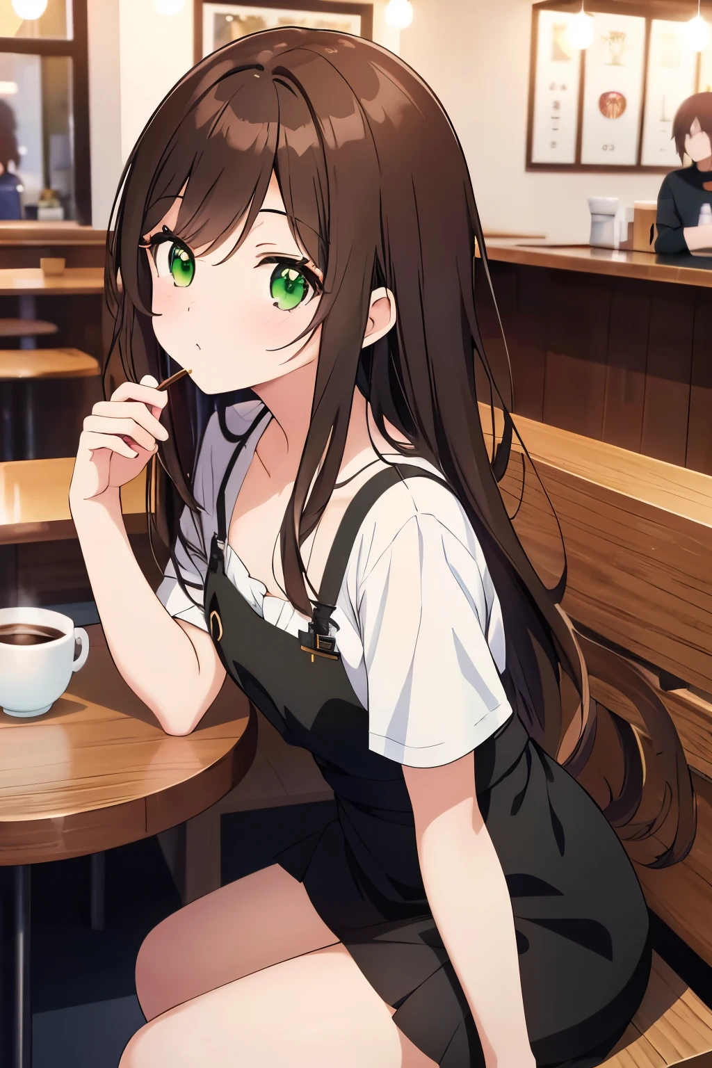 ((masterpiece, Highest quality, High resolution, 超High resolution, Pixel perfect, Written boundary depth, 4K, RTTX 10.0, High resolution))), 1 girl, single, alone, Beautiful Anime Girls, Beautiful art style, Anime characters, ((Shortcuts, bangs, Dark brown hair)), ((Green Eyes:1.4, Round eyes, Beautiful eyelashes, current eyes)), ((Smooth texture:0.75, Anime CG style)), ((Dynamic Angle, close)), Perfect body, (pretty girl), Flat Chest,whole body, Girl sitting at a table drinking coffee, Mysterious Girl from the Coffee Shop, sitting in a cafe, alonesitting in a cafe, Cute anime-like appearance, カフェにalone座っている, everyone, 4K Anime Style, Anime Moe Art Style, Long Hair Anime, At the coffee shop, Cute Anime, 4k anime wallpaper