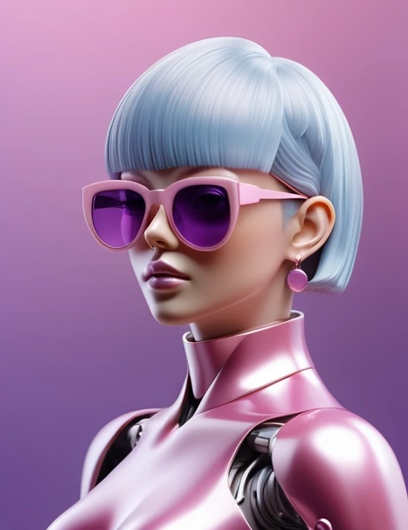 3D illustration of the upper body and face of an artificial intelligence model wearing futuristic glasses, Stylish sunglasses,Gradient Background, Pastel Color Palette, Purple-pink, Simplicity, Cold metal texture, Surrealism, Earrings, Perm