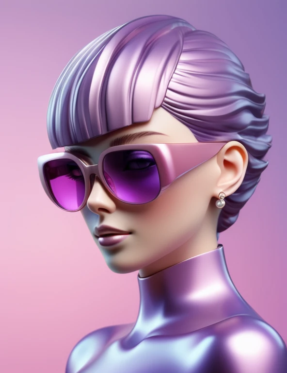 3D illustration of the upper body and face of an artificial intelligence model wearing futuristic glasses, Stylish sunglasses,Gradient Background, Pastel Color Palette, Purple-pink, Simplicity, Cold metal texture, Surrealism, Earrings, Perm