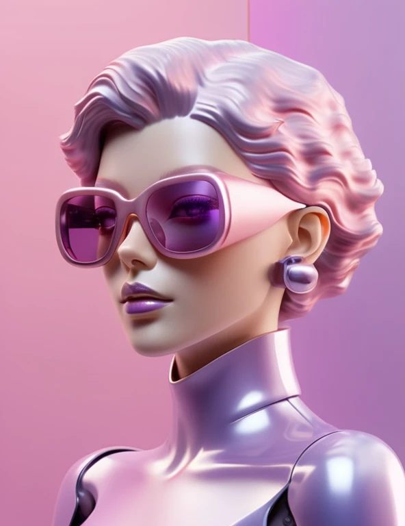 3D illustration of the whole body and face of an artificial intelligence model wearing futuristic glasses, Stylish sunglasses，Gradient Background, Pastel Color Palette, Purple-pink, Simplicity, Cold metal texture, Surrealism, Earrings, Perm