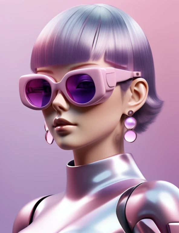 3D illustration of the upper body and face of an artificial intelligence model wearing futuristic glasses, Stylish sunglasses,Gradient Background, Pastel Color Palette, Purple-pink, Simplicity, Cold metal texture, Surrealism, Earrings, Perm