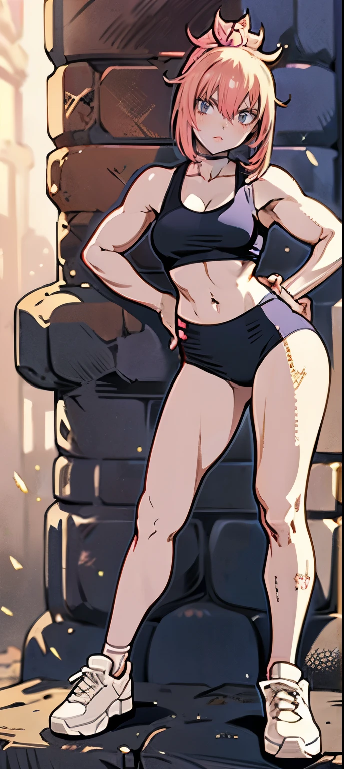 (masterpiece, best quality, 1girl, solo, intricate details, chromatic aberration), realistic, ((medium breath)),long hair, pink hair, red head ornament, pink highlights, hair over one eye,purple eyes, earrings, sharp eyes, choker, neon shirt, crop top, (symmetry eyes),(perfect symmetrical body),against wall, brick wall, graffiti, dim lighting, alley ,look at viewer, woman at a gym, cute, front Pose, fitness girl, standing, erect Pose, symetrical, fitness model, skinny, Red sneakers, best qualityer, relaxed arms, hands down, ankle, fullbody view, stand straight with your back upright. Keep your shoulders back and maintain a straight line from your head to your feet. Full body overview, feets close, symmetrical front, head straight to the viewer