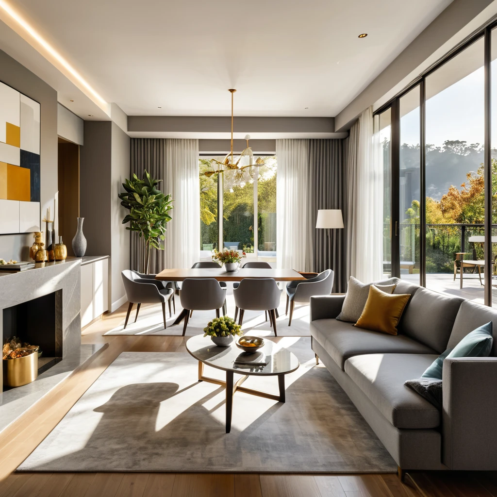  inside a living room integrated with dining, of a rich couple, There is a gray sofa,  a table with 6 chairs, artwork and radiant sunlight streaming through the window
