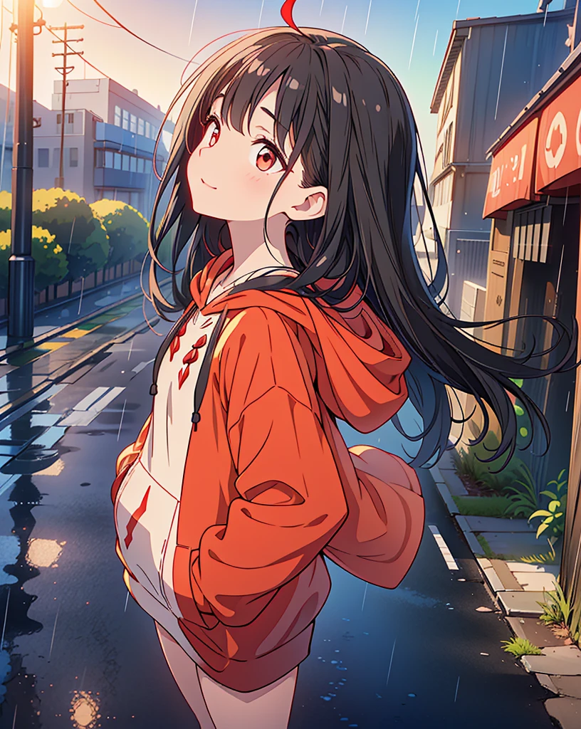 (Highest quality, 32K, High resolution, Masterpiece:1.5), god々A photograph with brilliant dazzling and healing power., Evoking a sense of calm and elusive beauty, Expressing emotions, Have a rich imagination, Beautiful Japanese Girls, An exceptionally beautiful face, ((Profile looking up at the sky:1.3)), Small Face Beauty, Perfect Human Anatomy, Magical big eyes, Motherhood and generosity, Deep Love, A mischievous smile, ((Shiny black hair:1.3)), Super long straight silk hair that sways beautifully in the wind, Asymmetrical bangs, Hair between the eyes, Transparent, soft white skin, Sharp eyebrows, Thin lashes, Natural Makeup, Cheek highlighter, Pale pink detailed lips, ((Red hooded hoodie:1.4)), ((Street after the rain:1.3)), Professional photographer, Professional Lighting, Professional models, god秘的