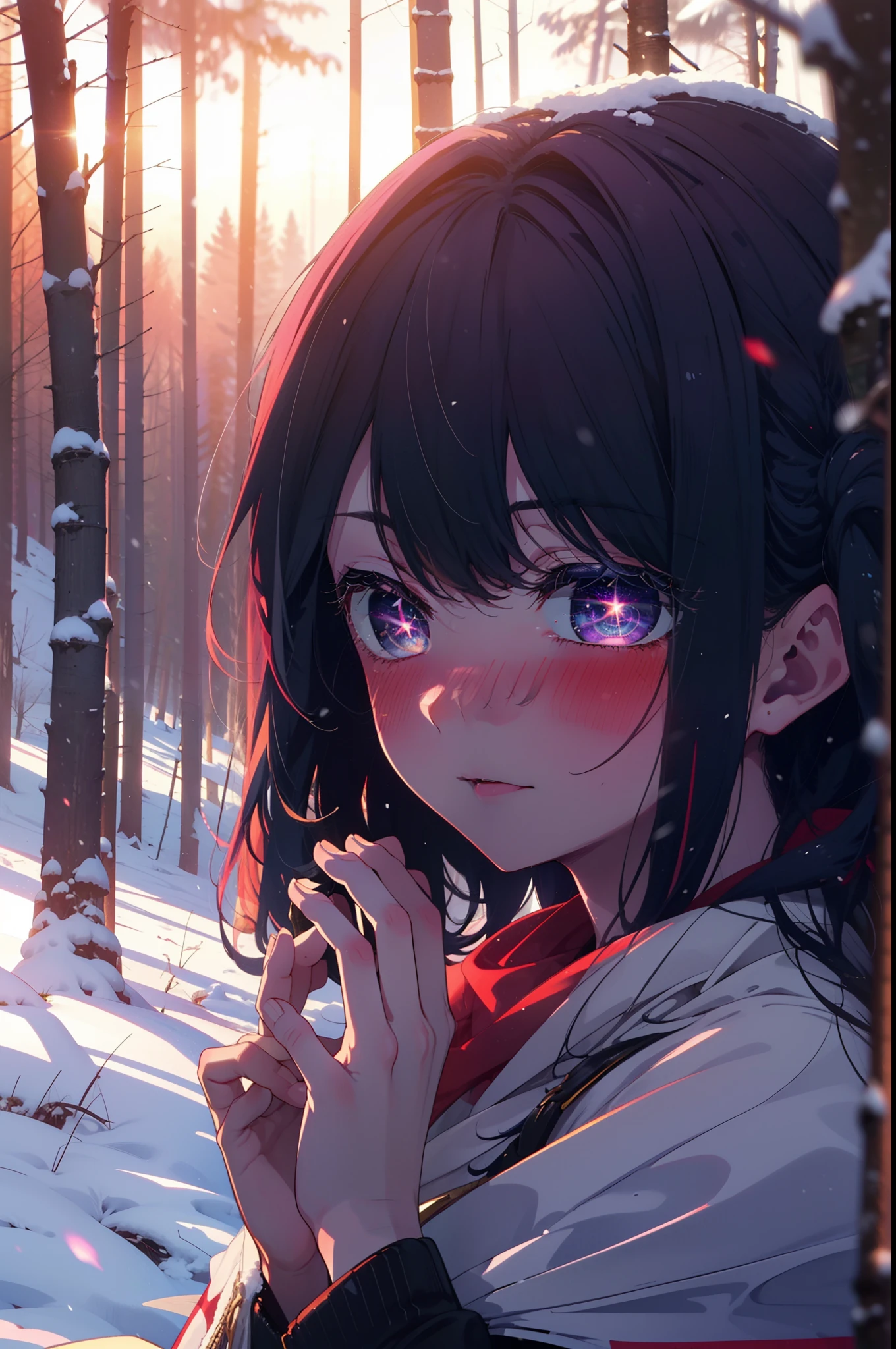 aihoshino, Ai Hoshino, Long Hair, bangs, (Purple eyes:1.1), Purple Hair, (Symbol-shaped pupil:1.5), smile,,smile,blush,white breath,
Open your mouth,snow,Ground bonfire, Outdoor, boots, snowing, From the side, wood, suitcase, Cape, Blurred, , forest, White handbag, nature, Squat, Mouth closed, Cape, winter, Written boundary depth, Black shoes, red Cape break looking at viewer, Upper Body, whole body, break Outdoor, forest, nature, break (masterpiece:1.2), Highest quality, High resolution, unity 8k wallpaper, (shape:0.8), (Beautiful and beautiful eyes:1.6), Highly detailed face, Perfect lighting, Extremely detailed CG, (Perfect hands, Perfect Anatomy),