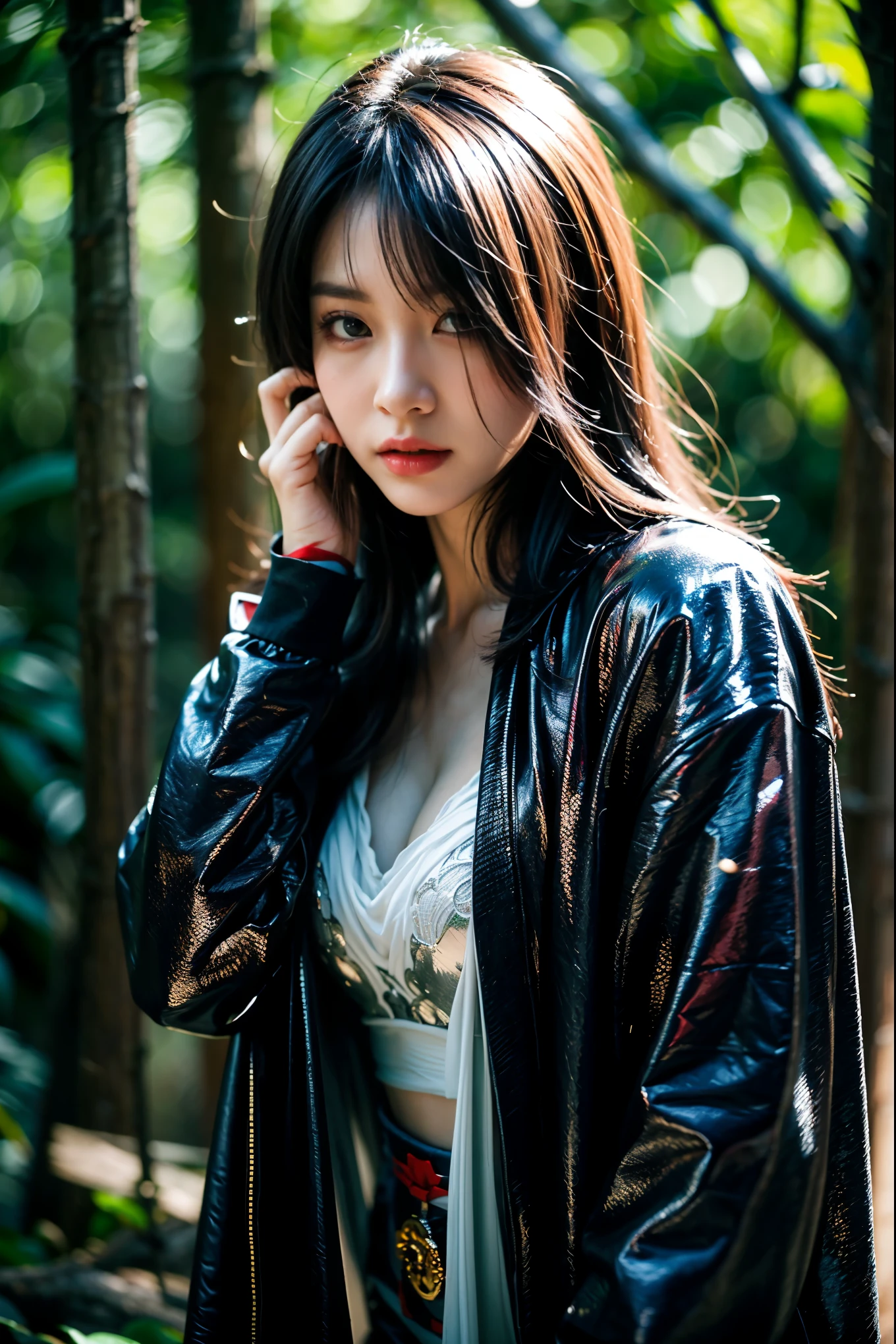 Prompt: ((best quality)), ((masterpiece)), (detailed), perfect face, silver hair, black eyes, lips, assassin's sexy clothes, realistic, 30 years old, Asian, perfect body, perfect hands, mythology creature, in the forest, full body potrait