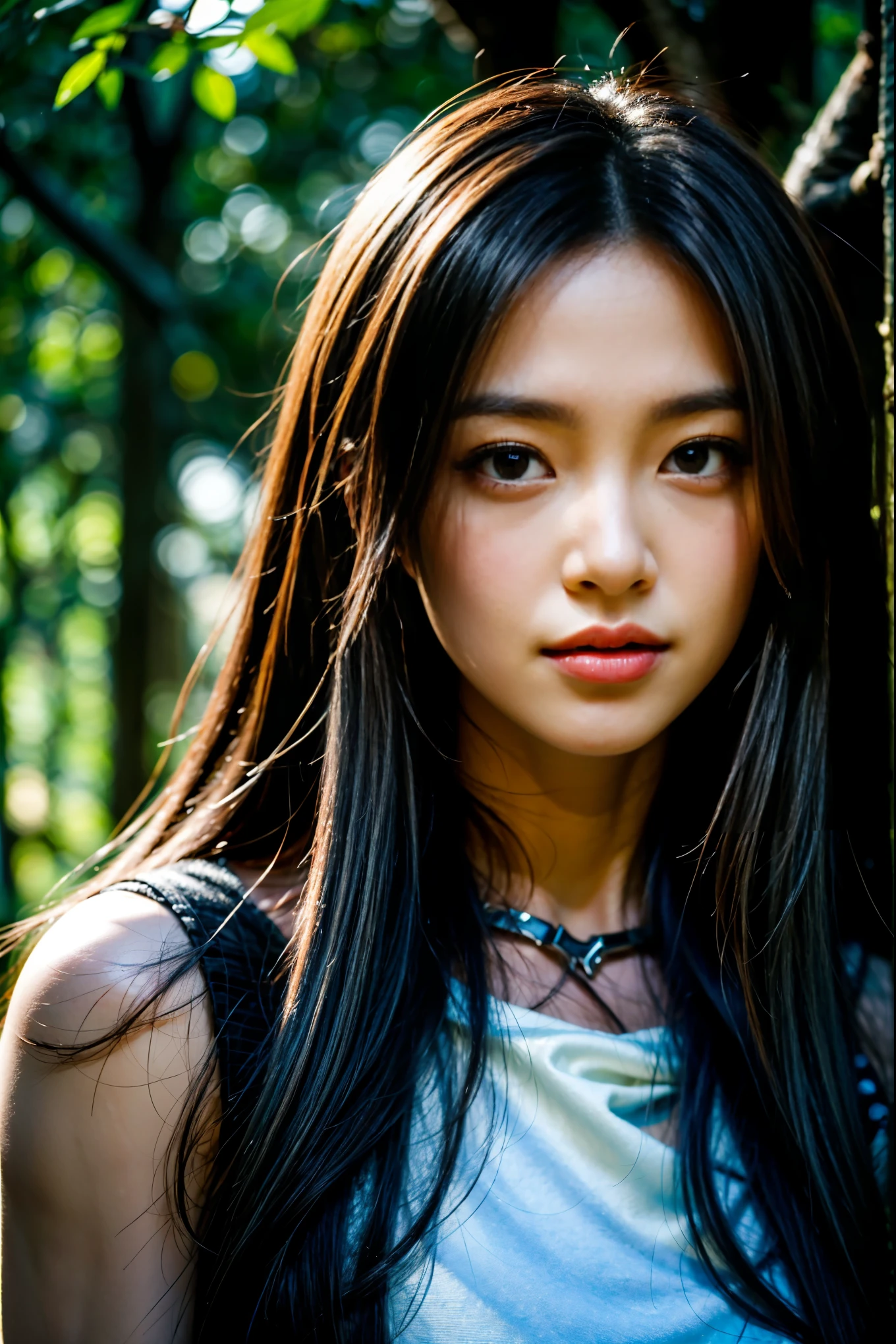 Prompt: ((best quality)), ((masterpiece)), (detailed), perfect face, silver hair, black eyes, lips, assassin's sexy clothes, realistic, 30 years old, Asian, perfect body, perfect hands, mythology creature, in the forest, full body potrait