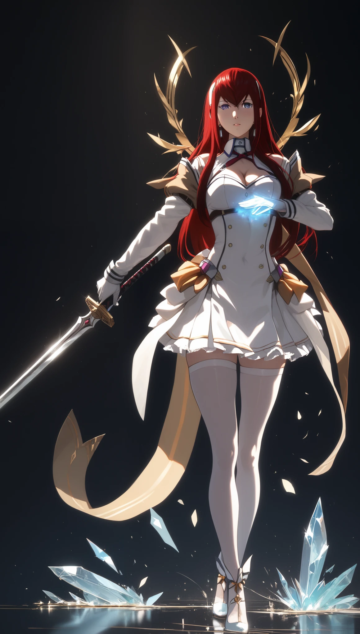 (asura art style:0.7), (hero neisan art style:0.7), score_9, score_8_up, score_7_up, score_6_up, makise kurisu, red hair, long hair, dark-blue eyes, black pupils, BREAK (masterpiece:1.2), best quality, high resolution, (beautiful detailed eyes:1.3), perfect lighting, (perfect hands, perfect anatomy), 1girl, weapon, sword, thighhighs, solo, full_body, standing, dress, holding_weapon, gloves, holding, short_dress, looking_at_viewer, earrings, cleavage, white_legwear, magic, crystal, shimmering light, 