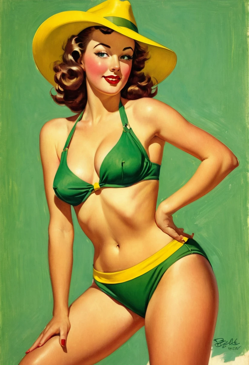 a painting of a woman in a green bikini and yellow hat, pinup art, enoch bolles, gil elvgren style, girl pinup, pinup girl, pinup, gill elvgren, vintage pin up, pin up girl, pin - up, pinup pose, pin-up, pin up, pin-up poster girl, by Earle Bergey