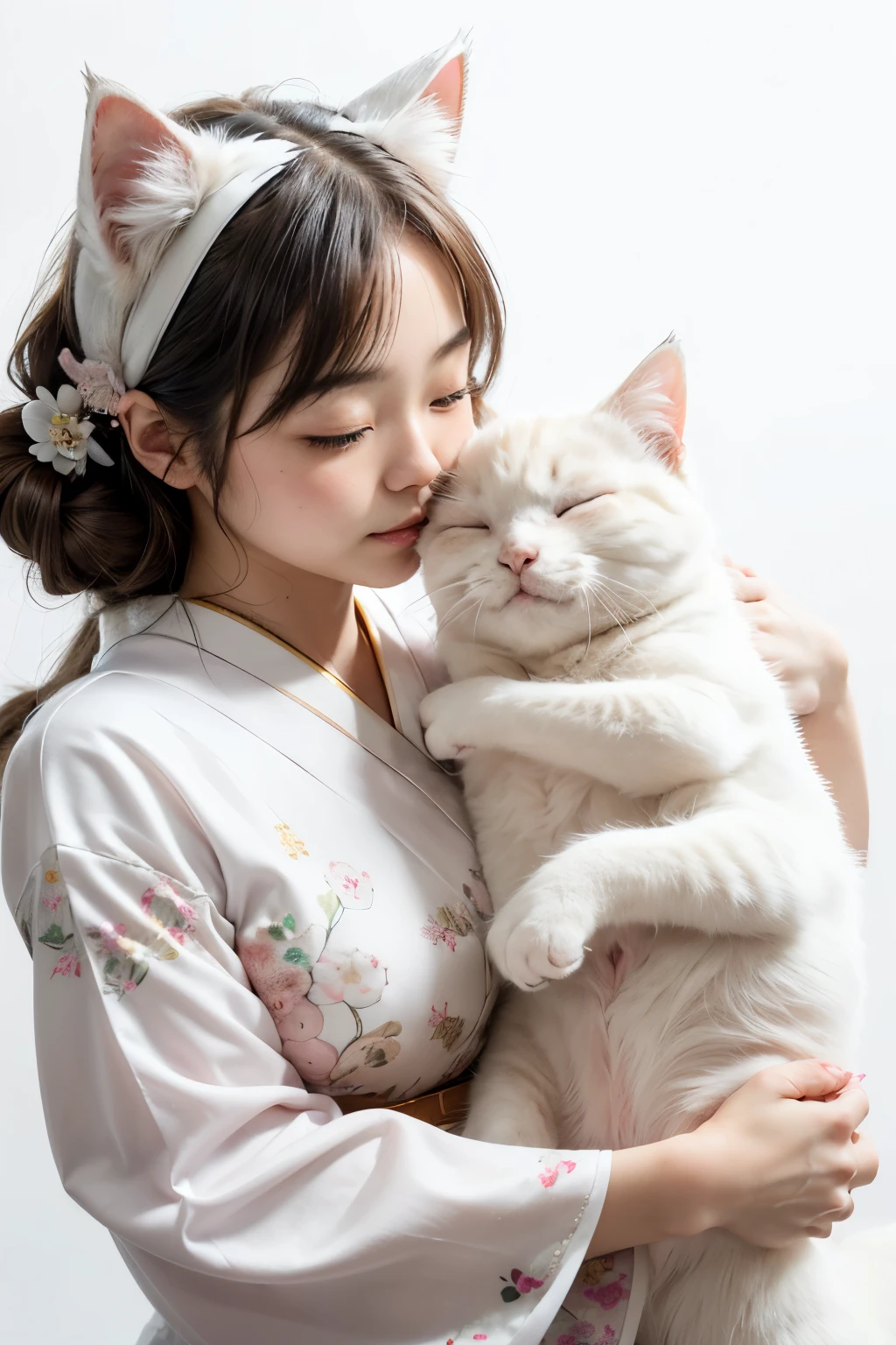 masterpiece, 4K, Bokeh, (cute:1.5), (beautiful girl:1.3), (Japanese Beauty:1.6), (Cat ear:1.3) , (Summer clothes:1.3),  (I like cats:1.6), Blushed,  (Holding a sleeping white cat:1.5), (Kiss the cat:1.3), (White Background :1.4), High resolution, Anatomically correct, accurate, Very detailed, Textured skin, smile, Relaxing with cats in the room, A moment before bed