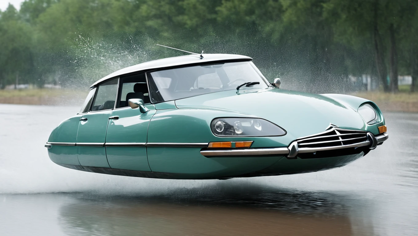 photo of futuristic hovering car, citroen ds , without wheels, Science fiction, Science fiction, retrofuturistic, high speed cinematic chase, splashing water, raining , Depth of field, motion-blur, terrified driver, hovering_car