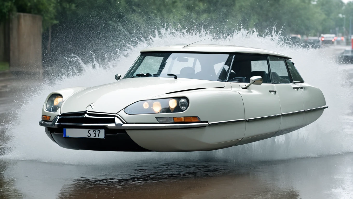 photo of futuristic hovering car, citroen ds , without wheels, Science fiction, Science fiction, retrofuturistic, high speed cinematic chase, splashing water, raining , Depth of field, motion-blur, terrified driver, hovering_car