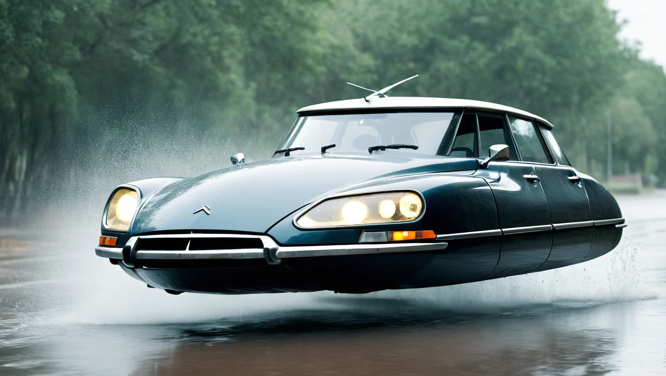 photo of futuristic hovering car, citroen ds , without wheels, Science fiction, Science fiction, retrofuturistic, high speed cinematic chase, splashing water, raining , Depth of field, motion-blur, terrified driver, hovering_car