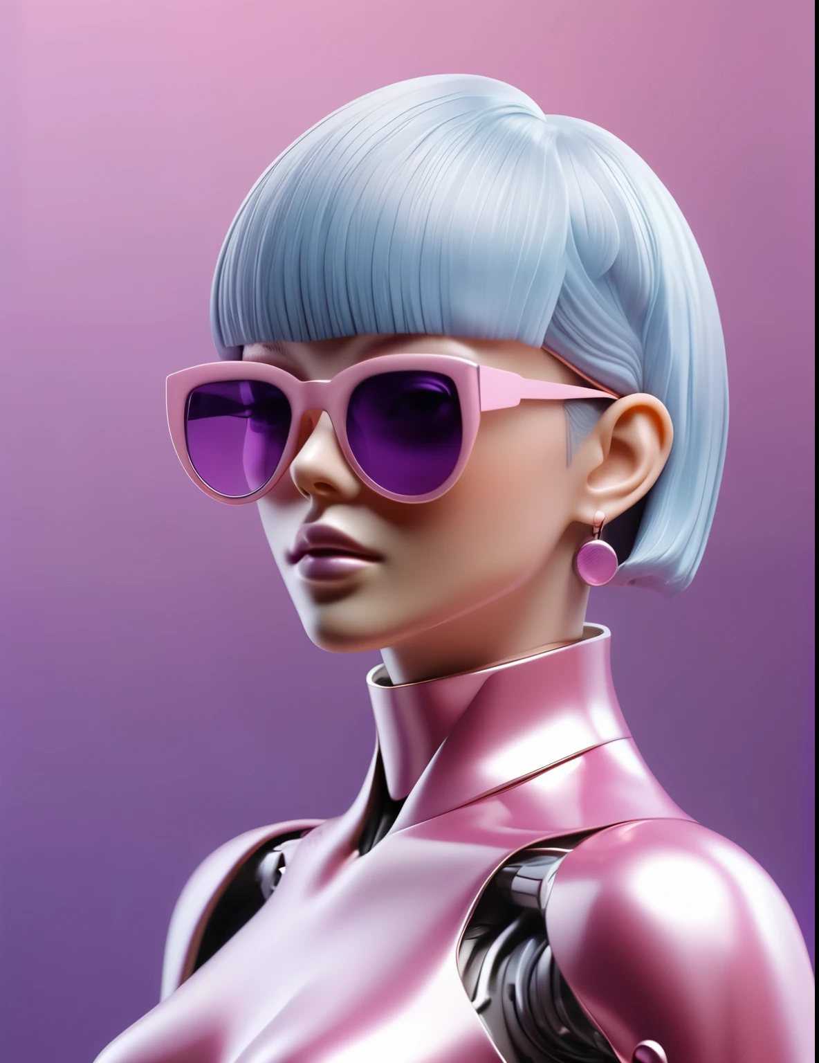 3D illustration of the upper body and face of an artificial intelligence model wearing futuristic glasses, Stylish sunglasses,Gradient Background, Pastel Color Palette, Purple-pink, Simplicity, Cold metal texture, Surrealism, Earrings, Perm