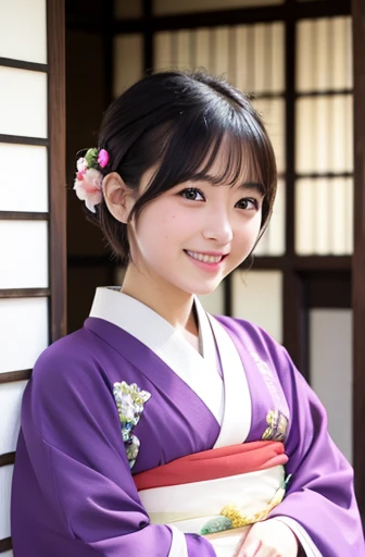 Beautiful girls 、short hair、smile、shy、cute、clear、19 years old、Beautiful Eyes、kimono、Kyoto