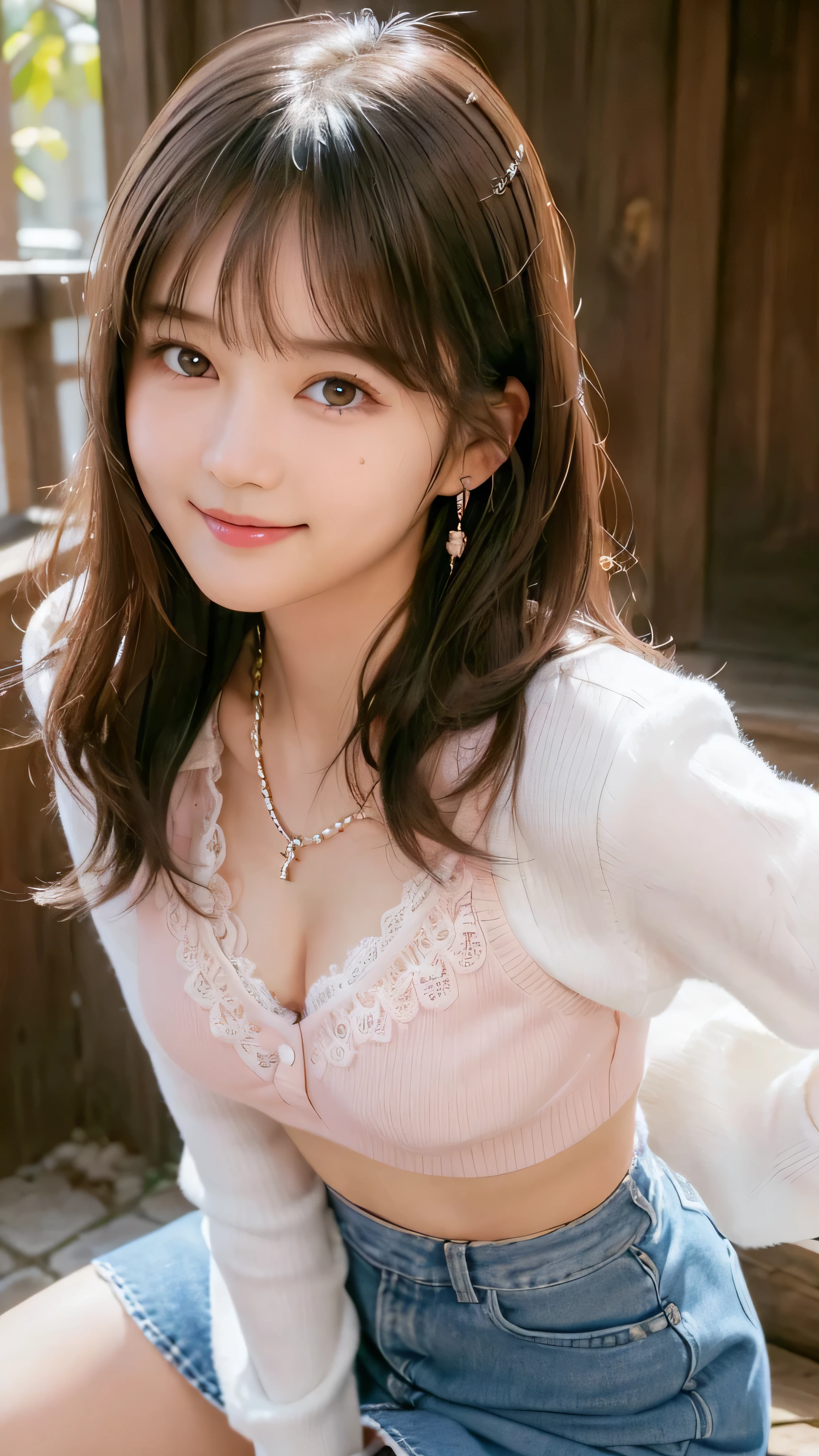 (masutepiece: 1.3), (max resolution: 1.2), (Ultra HDTV: 1.2), cinematric light, Ultra HDTV, (Detailed eyes and skin), (detailed facial features), nffsw, 8K resolution, Sharp Focus: 1.2, Perfect Style, Beautiful face, Perfect body, precise, Anatomically correct, Highly detailed face and skin texture, Detailed eyes, Dark-blue eyes, Double eyelids, Thin eyebrows, glitter eyeliner: 1.2, Natural cheeks, Glossy skin, Fair skin: 1.2, shiny little necklace and earrings, (Glossy lips: 1.4), BREAK, One-person viewpoint, (She is a very cute female teacher), (Pink lace panties), (Seductive smile: 1.2), ((a Innocent and cute girl:1.3)), (Long Wave Hair), (ligh brown hair:1.2),  (Cowboy Shot: 1.2), BREAK, ((Very intimate relationships: 1.2)), medium large breasts, ((Looking at Viewer:1.2)), ((Hot spring trip:1.2)), ((Bend your knees and open your legs wide:1.2)), (From Side:1.2),low  angle shot,FULL BODYSHOT　Tight sweater with long sleeves in bright colors　Tight denim mini skirt　Embarrassed look　Kamimei