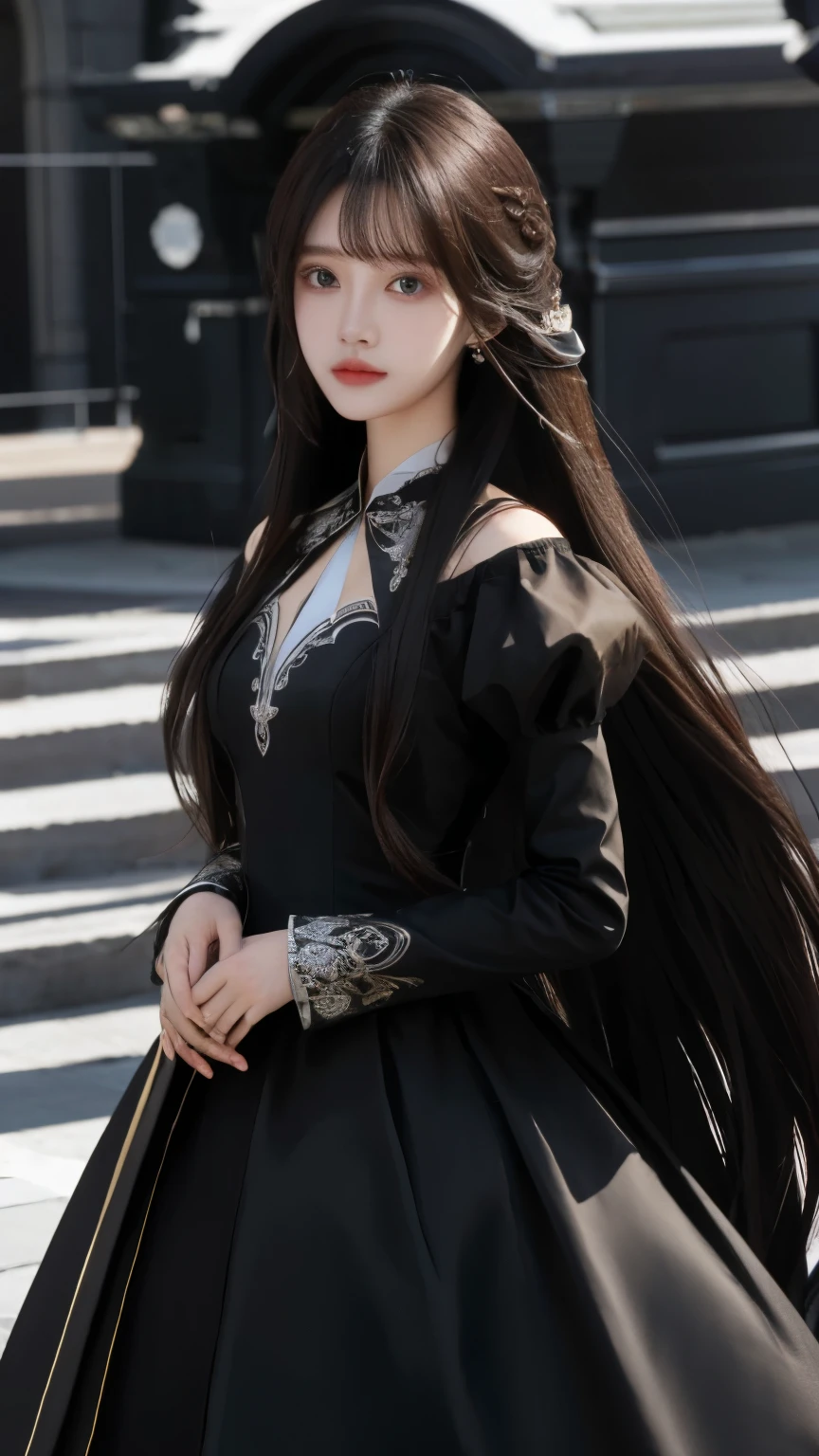 Ultra HD, 8K quality, girl, very long hair, black blur dress, detailed eyes, front capture, Unreal Engine 5,
