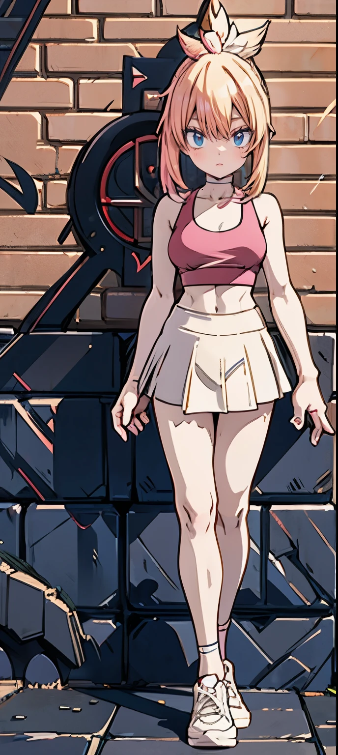 (masterpiece, best quality, 1girl, solo, intricate details, chromatic aberration), realistic, ((medium breath)),long hair, pink hair, red head ornament, pink highlights, hair over one eye,purple eyes, earrings, sharp eyes, choker, neon shirt, crop top, (symmetry eyes),(perfect symmetrical body),against wall, brick wall, graffiti, dim lighting, alley ,look at viewer, woman at a gym, cute, front Pose, fitness girl, standing, erect Pose, symetrical, fitness model, skinny, Red sneakers, best qualityer, relaxed arms, hands down, ankle, fullbody view, stand straight with your back upright. Keep your shoulders back and maintain a straight line from your head to your feet. Full body overview, feets close, symmetrical front, head straight to the viewer