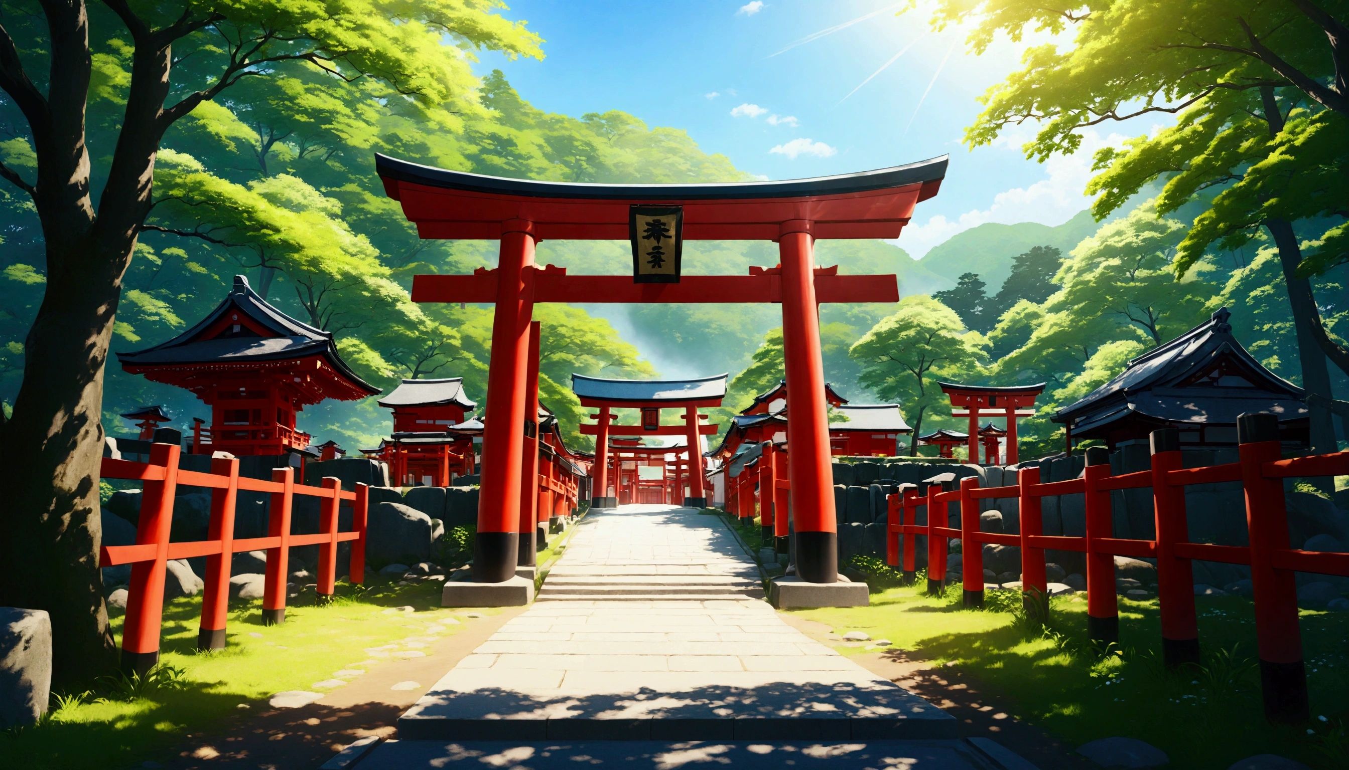 Japanese countryside,shrine,torii,Midsummer,sunny,Daytime,Highest quality, 8k, High resolution, masterpiece:1.2, Very detailed, Realistic:1.37, High resolution, 超High resolution, Very detailed, Professional, Vibrant colors