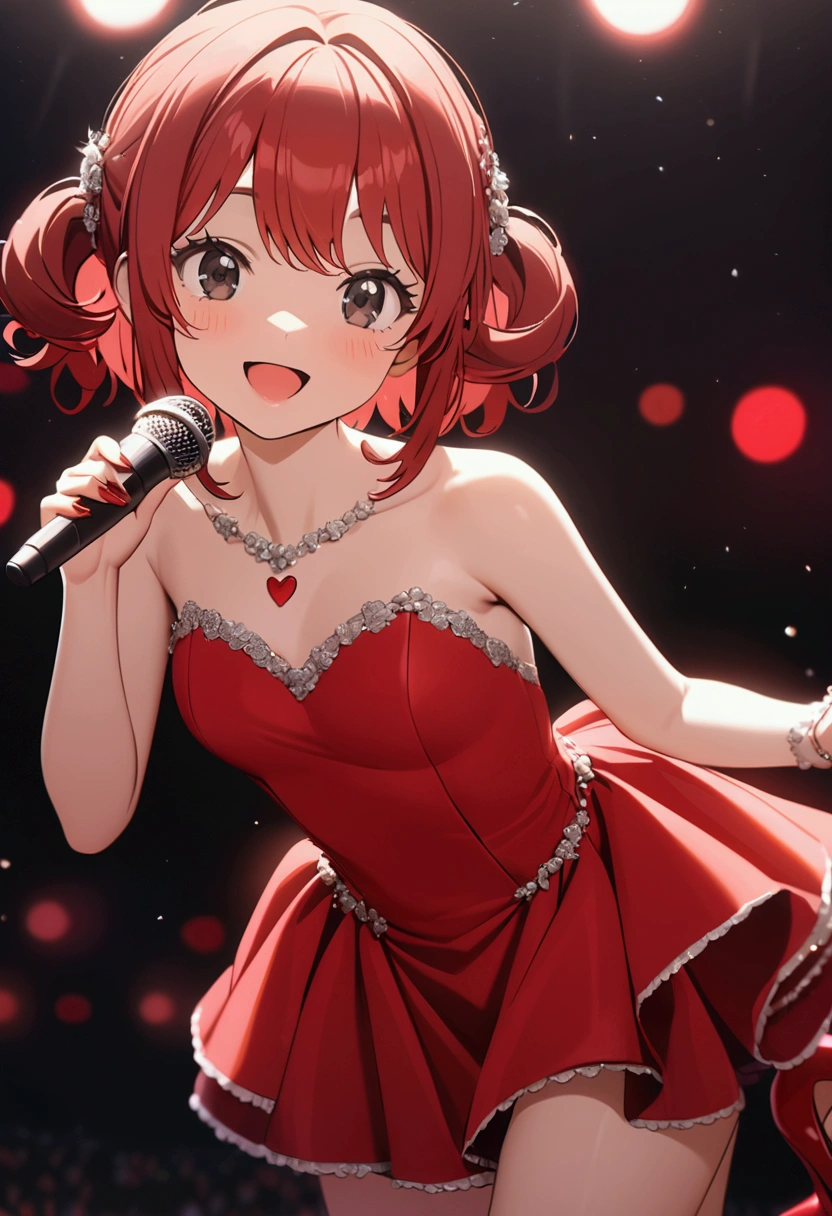 a cute smiling  girl with big  black eyes and red hair wearing a little red strapless heart shaped dress that goes down to her thigh with red heels holding a microphone