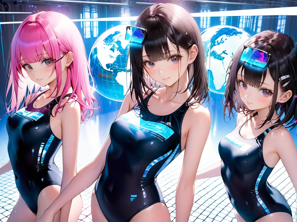 School swimsuit 3girls, cyber world, hologram, School swimsuit, cyber world, Hologram, SF, gleaming, glamourous