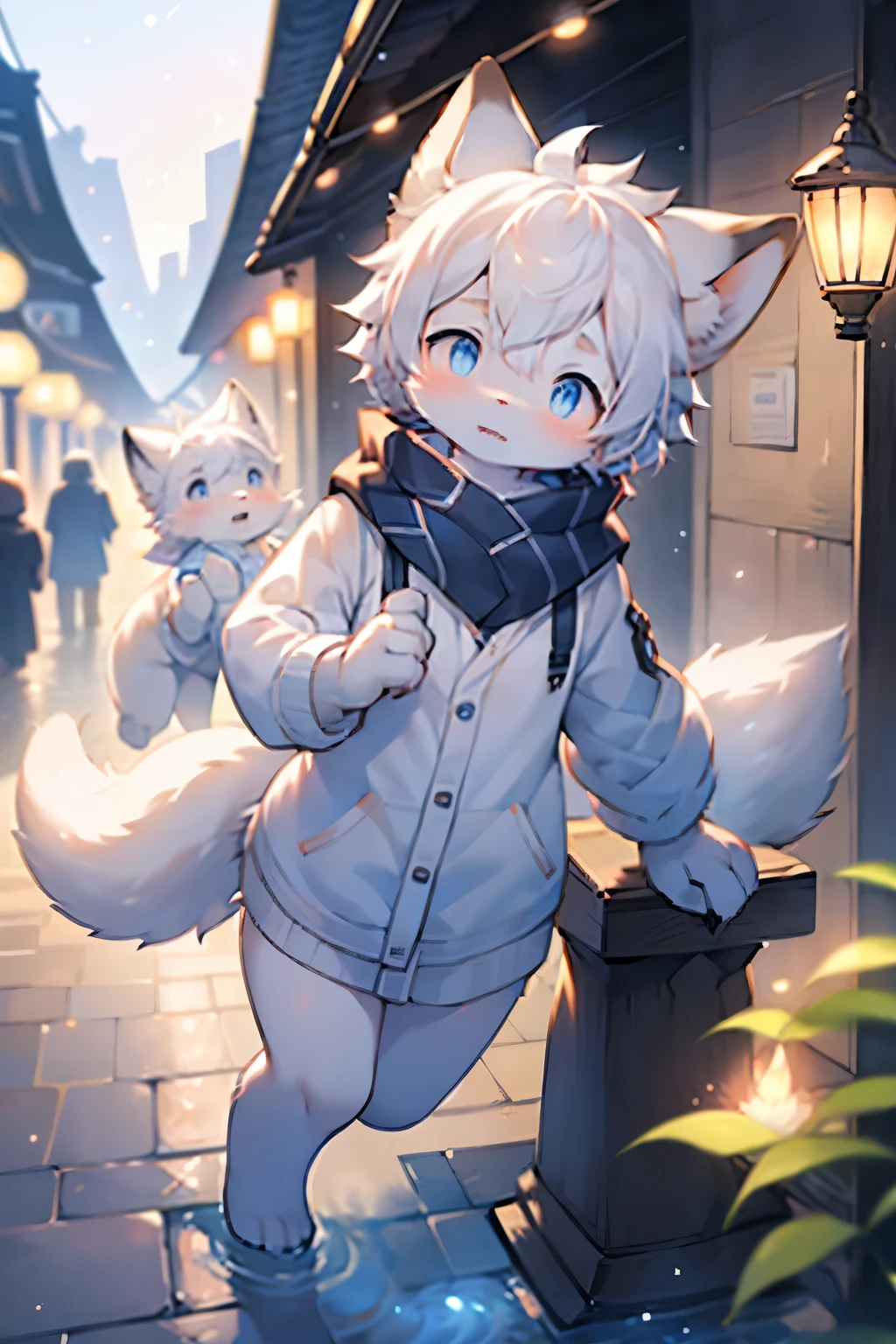 Arctic Fox Girl，Furry girls，Characteristics of female infants and young children，White hair，Double braids，White skin，White Arm，scarf，Short skirt，Nordic town background