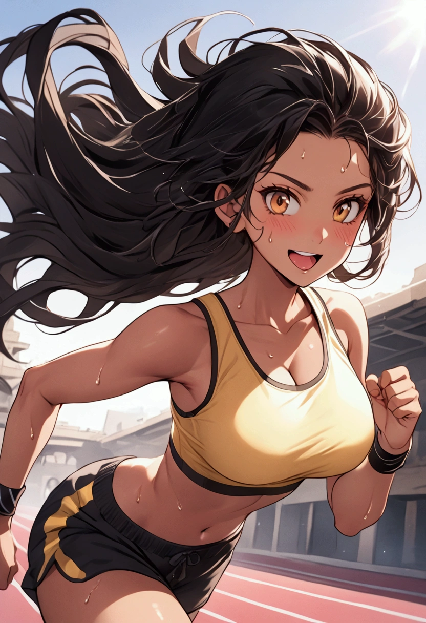 Arabic woman, meddle eastern women, athletic, midriff, black sport shorts, visible pink thong at the waist, bright yellow sport tank top, breasts, tan skin, sculptured body, brown wavy hair, sweating, grinning out of joy, running, caramel eyes, wrist band, outdoor