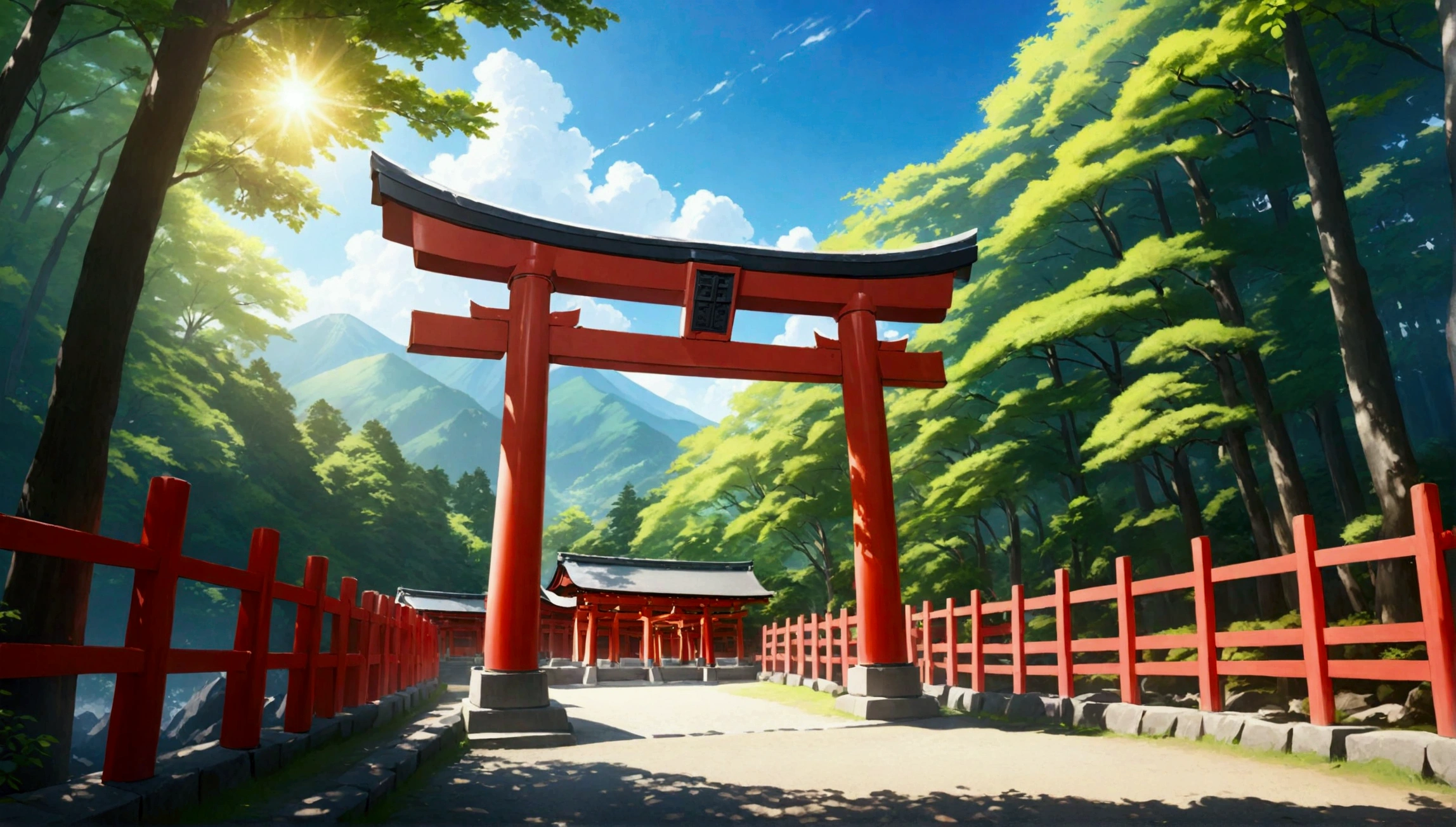Japan,shrine,torii,Midsummer,sunny,In the mountains,Daytime,Highest quality, 8k, High resolution, masterpiece:1.2, Very detailed, Realistic:1.37, High resolution, 超High resolution, Very detailed, Professional, Vibrant colors