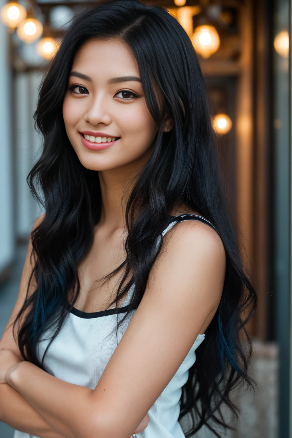 tall man and arafed woman with long black hair, flowing black hair blue high lights, with black hair, photo of a beautiful woman, long flowing black hair, black golden hour, curly black hair, beautiful young asian woman, beautiful asian woman, wild ginger hair, pink wispy hair, light black hair, a young asian woman, an asian woman, infp young woman, Portrait photo of a 24-year-old french girl in RAW UHD format (Brown-eyed woman) Details (textures! , Hair! , glistering, Color!! , imperfections: 1.1), highly detailed glossy eyes , DSLR Lighting, SLR camera, Ultra-Quality, sharpness, Depth of field, Film grain , Fujifilm XT3, Crystal clear, Frame Center, beatiful face, sharp-focus, neon lighting, bokeh ( lit), detailed skin pores, oilly skin, suntan, Complex eye details, (smiling),  (arm in arm with man:1.3), (man smiling)