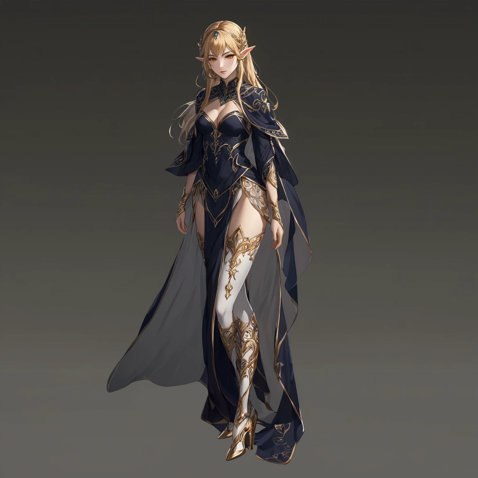 masterpiece, best quality, good quality, Elven aesthetics, Highly detailed, shadowverse style, female, golden hair, elven ear, golden eyes, white stocking, white legging with motif
