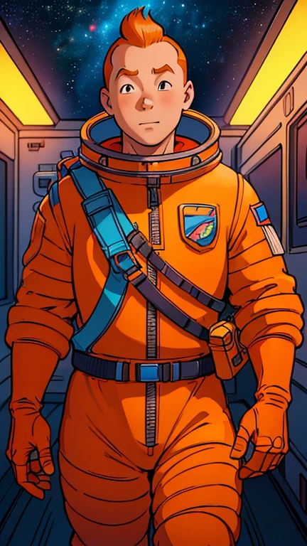 (Teens:1man: Tintin), (extremely detailed CG unit 8k wallpaper),(master part), (best quality), (ultra detali), (best illustration),((pixarstyle:1.25)), cowboy shot, (Sharp eyeliner, ombre, detailed eyes:1),Dark space station interiors background, ,break , (astronaut in an orange space suit), upper body, short hair, orange hair