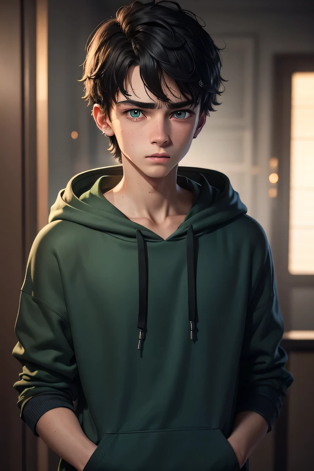 16 year old european boy, short dark black hair, blue hoodie, pearly green eyes, shy and frightened expression, detailed face and eyes, cinematic lighting, 8k, highres, photorealistic