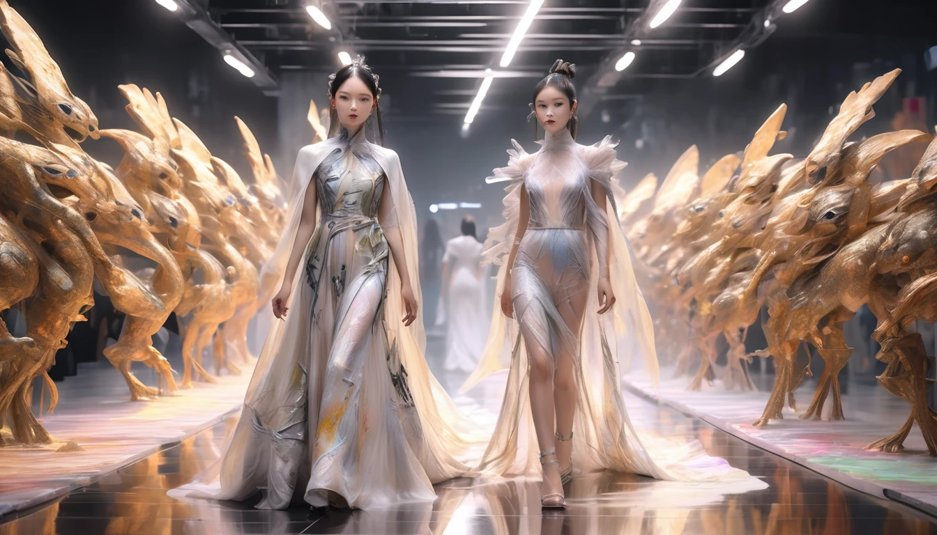 Optimal image, (8K, RAW photo, Realistic), Delicate and delicate brushstrokes and gorgeous and dynamic painting techniques, A full-body photo of a fashion model,A fashion runway for alien technology , vogue photography , Inspired by Chinese Xianxia and cyberpunk。(Best quality,4K,8K,A high resolution,Masterpiece:1.2), (Realistic,Photorealistic,photo-realistic:1.37).