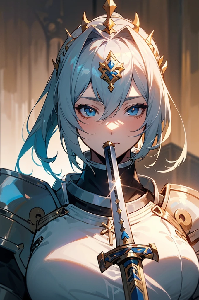 Close-up of a person holding a sword and katana, gorgeous Female Paladin, Female Paladin, portrait of Female Paladin, Girl in Armor, portrait knight woman, portrait Zodiac Knight Girl, Female Knight, Shadowverse Style, Zodiac Knight Girl, of a beautiful Female Knight, picture of Female Paladin, Granblue Fantasy, Artoria Pendragon