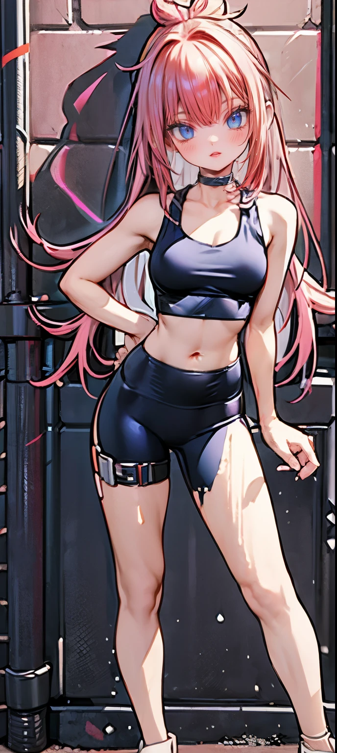 (masterpiece, best quality, 1girl, solo, intricate details, chromatic aberration), realistic, ((medium breath)),long hair, pink hair, red head ornament, pink highlights, hair over one eye,purple eyes, earrings, sharp eyes, choker, neon shirt, crop top, (symmetry eyes),(perfect symmetrical body),against wall, brick wall, graffiti, dim lighting, alley ,look at viewer, woman at a gym, cute, front Pose, fitness girl, standing, erect Pose, symetrical, fitness model, skinny, Red sneakers, best qualityer, relaxed arms, hands down, ankle, fullbody view, stand straight with your back upright. Keep your shoulders back and maintain a straight line from your head to your feet. Full body overview, feets close, symmetrical front, head straight to the viewer