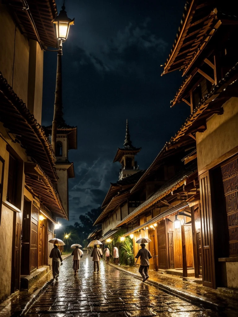 
(Best quality, masterpiece, 8k highly detailed, hyper realistic) Rainy nigh at the village with light from traditional gasoline street lamp, three Indonesian boys teenager with Moslem outfit, running while holding  banana leaf above they head . Behind them there is an old mosque with wall from bamboo.