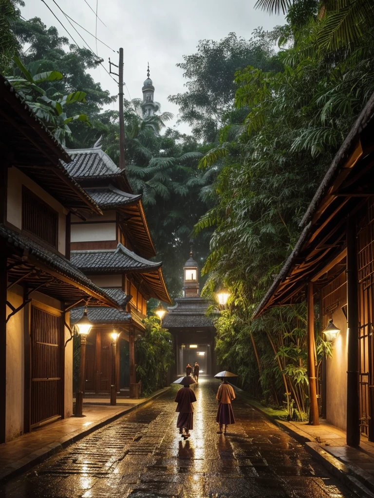 (Best quality, masterpiece, 8k highly detailed, hyper realistic) Rainy nigh at the village with light from traditional gasoline street lamp, three Indonesian boys teenager with Moslem outfit, running while holding banana leaf above they head . Behind them there is an old mosque with wall from bamboo.
