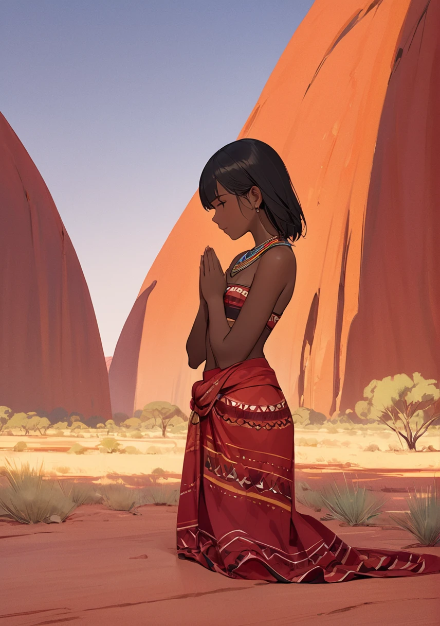 Aboriginal girl at Ayers Rock(Uluru)A scene of praying in front of the。少女はアボリジニがnakedにされ、Her face and body are adorned with ceremonial paint. She stands silently at the foot of Ayers Rock.、I'm praying with open arms。The vast Australian desert spreads out in the background.、It is characterised by red sand and dry vegetation.。The sky is a beautiful shade of orange and purple at dusk.、In the distance you can see the desert horizon。The grandeur of Ayers Rock、Australia's natural beauty comes together、Create a mysterious and moving scene。(((nsfw)))(((((naked)))))(((((5 years old)))))((((infant))))((((Lolita))))Small breasts、whole body