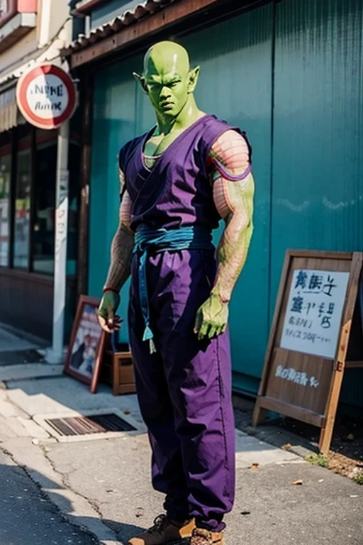 ディズニーランド、masterpiece, best quality, realistic, photorealistic, 8k, piccolo, 1boy, male focus, solo, standing, pointy ears, (purple dougi), green skin, oni horns, purple pants, closed mouth, looking at viewer, ((bald)), arms at sides, pink patches, black eyes, blue sash, deep and dark background.