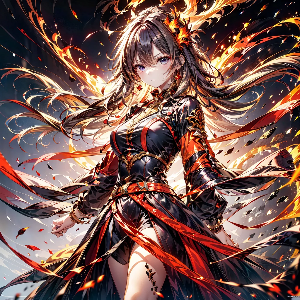 1girl,(((Highest quality、Masterpiece、Official Art、Super detailed、The best dynamic composition、Perfect Anatomy)))、Anime Style、Incarnation of Fire、Girl on Fire、He is accompanied by a fire dragon.、Fractal art of flames、Award-winning works、Holding a fireball in his hand、Serious face、Combat Ready、Cool pose、blow up from below🔥、Gray Hair、