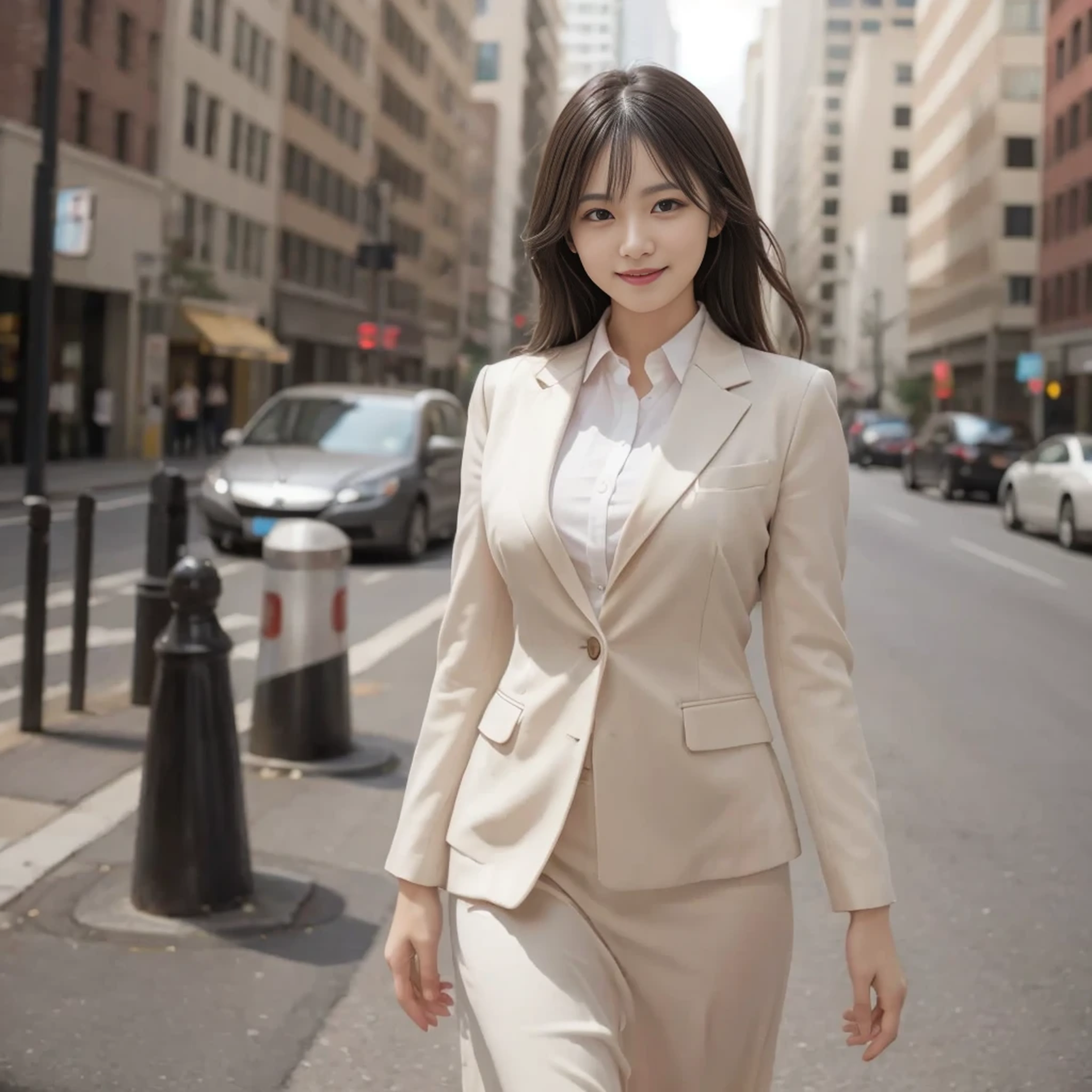 (8k, RAW Photos, Highest quality, masterpiece: 1.2), (Realistic, photoRealistic: 1.37), 1 Woman in a suit standing on the sidewalk, Cityscape, Day, Sunny Morning, Professional Lighting, Photon Mapping, Radio City, Brazilian women, Torn, shirt, Woman in a suit, Silk Suit，The best smile:1.5，Silver Hair:1.5