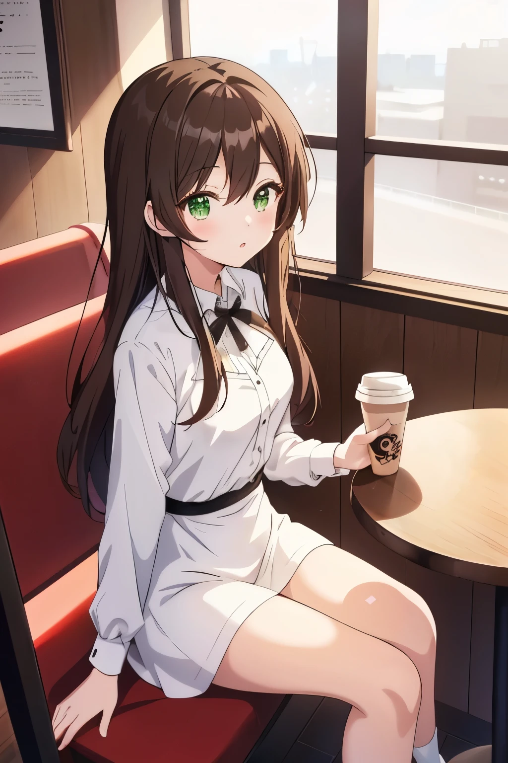((masterpiece, Highest quality, High resolution, 超High resolution, Pixel perfect, Written boundary depth, 4K, RTTX 10.0, High resolution))), 1 girl, single, alone, Beautiful Anime Girls, Beautiful art style, Anime characters, ((Shortcuts, bangs, Dark brown hair)), ((Green Eyes:1.4, Round eyes, Beautiful eyelashes, current eyes)), ((Smooth texture:0.75, Anime CG style)), ((Dynamic Angle, close)), Perfect body, (pretty girl), Flat Chest,whole body, Girl sitting at a table drinking coffee, Mysterious Girl from the Coffee Shop, sitting in a cafe, alonesitting in a cafe, Cute anime-like appearance, カフェにalone座っている, everyone, 4K Anime Style, Anime Moe Art Style, Long Hair Anime, At the coffee shop, Cute Anime, 4k anime wallpaper