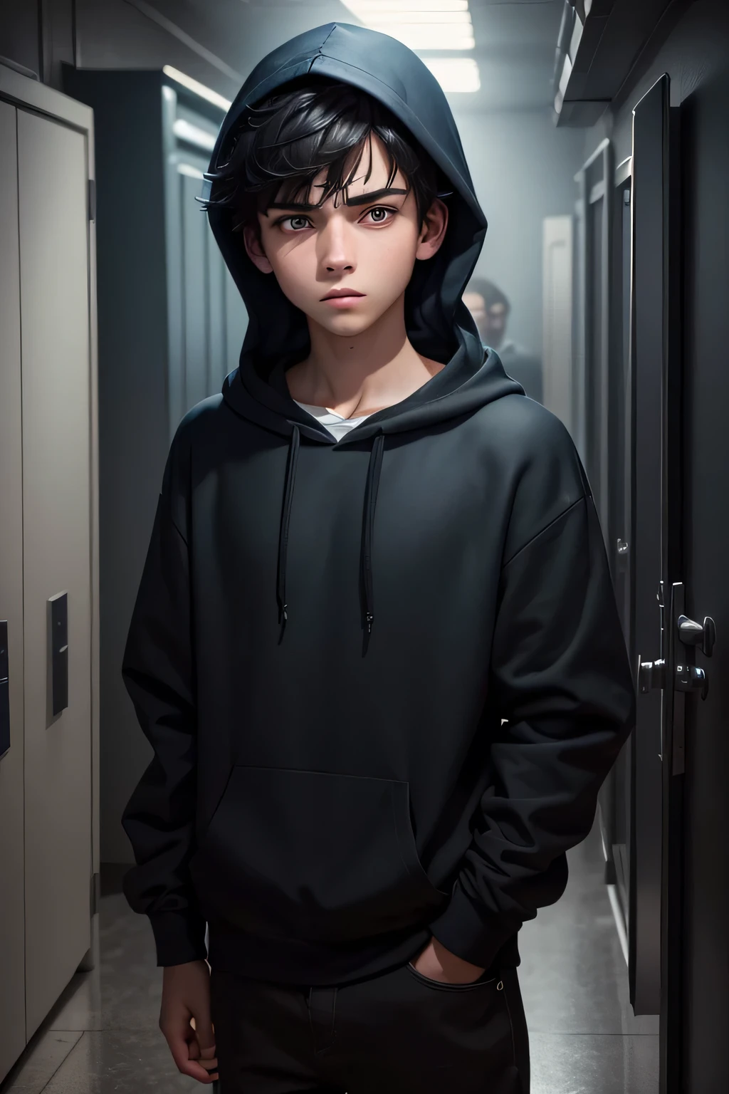 a european boy, short dark black hair, blue hoodie, shy and frightened expression, extremely detailed face and minnow eyes, cinematic lighting, 8k, highres, photorealistic, minnow green, masterpiece, hyperrealism, dramatic lighting, cinematic composition