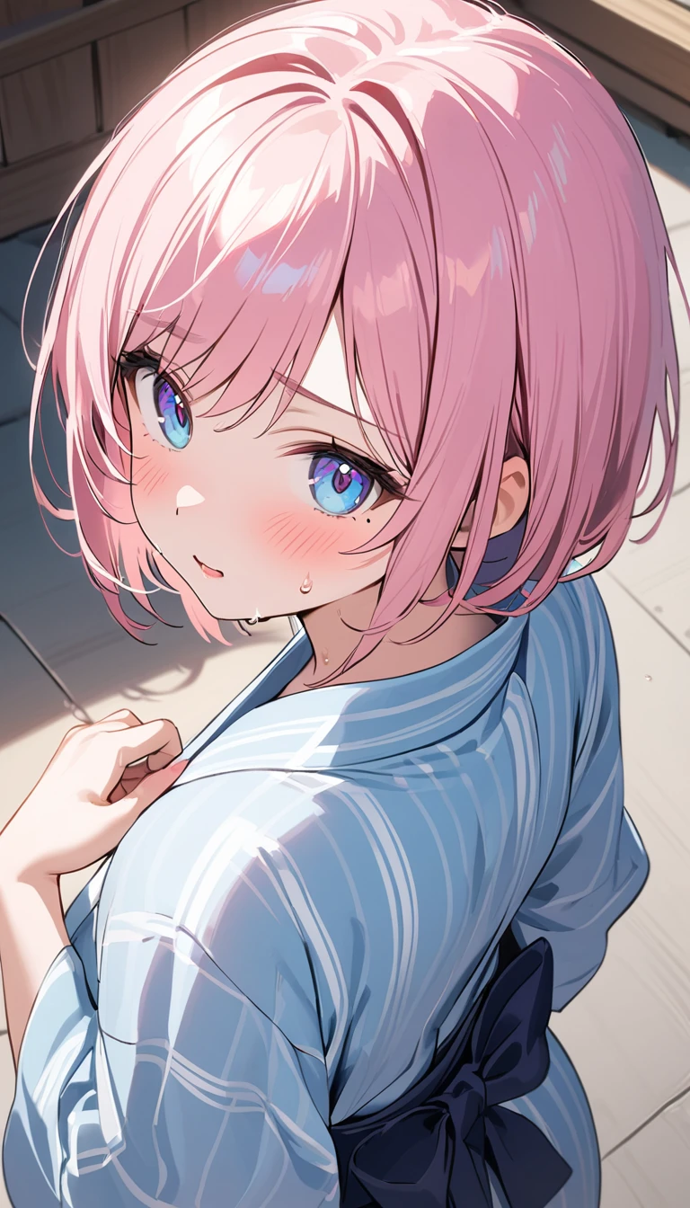 (1 girl),(Best Picture Quality, 8K, Masterpiece:1.3), (high school student:1.5), ((pink lob hair:1.1)), (bob cut),(swept bangs), (cute eyes, pupil black, iris skyblue, youthful face), (mole under right eye), (standard weight), (small breasts), (glistening skin:1.1),(pale skin:1.2),BREAK,(hand on own nape),((yukata)),(portrait),((sweat:1.3)),(from above:1.2), (looking back).