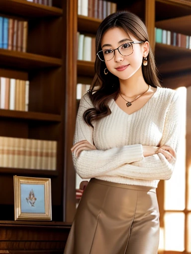 (8k, RAW photo, best quality, masterpiece), (photo realistic), outstanding details, ultra-high resolution, anatomically correct, textured skin, (Extremely precise and accurate anatomy),
Ultra Detailed Face, Detailed Eyes,
A cute Japanese girl,
(fearless smile:0.1), (Mouth slightly open),
(lower chignon), (Rimless glasses),
looking at viewer,
white simple summer sweater,
dark brown hair, Forehead,
simple silky flared skirt, Light brown skirt, Midi length skirt,
Earrings, Necklace,
(background library interior, bookshelves),
(backlighting),
reflection light from below,
atmospheric perspective, depth of field,
(dramatic lighting), cinematic lighting,