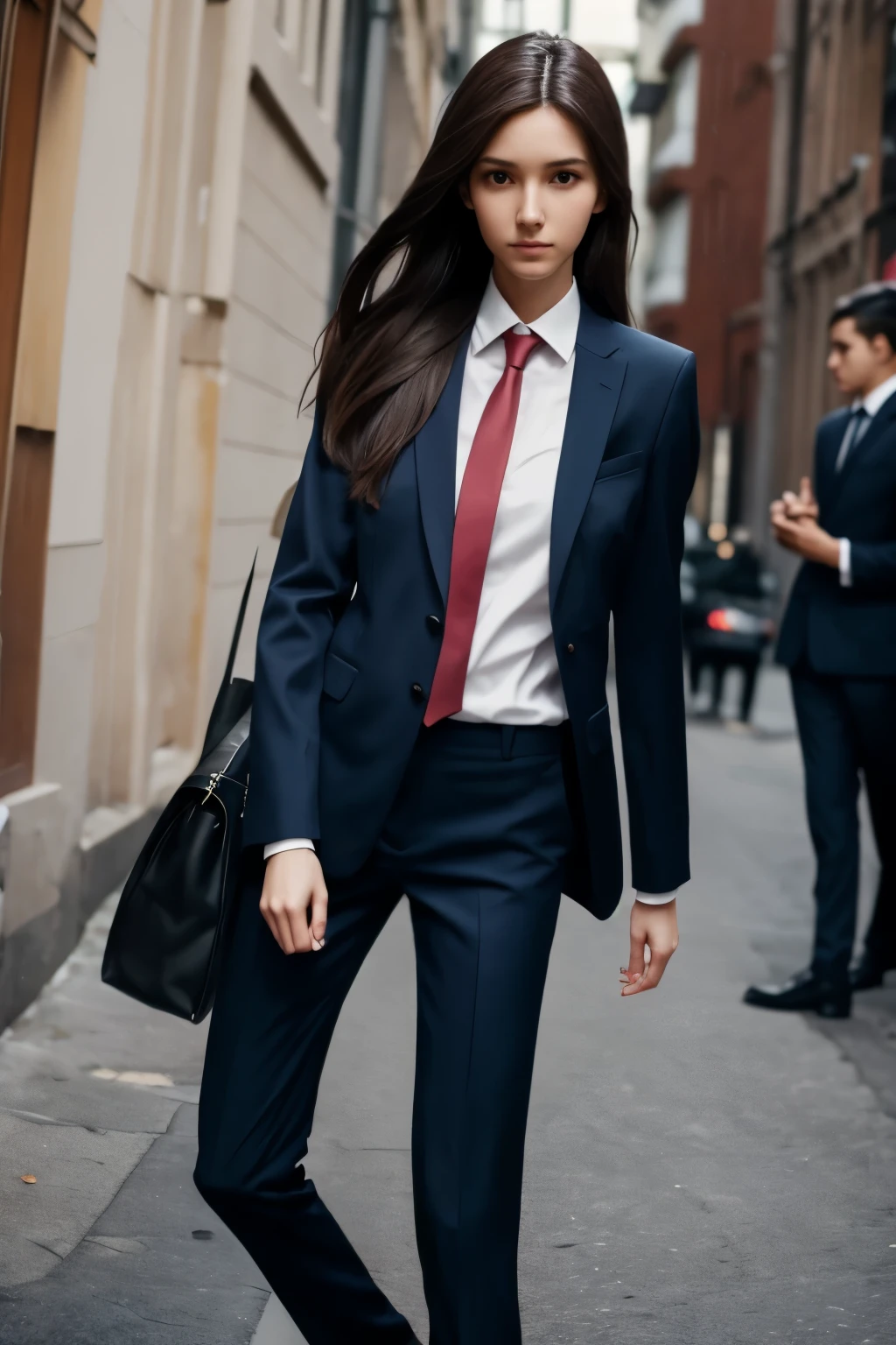 long hair, woman, suit, slender, 25 years old