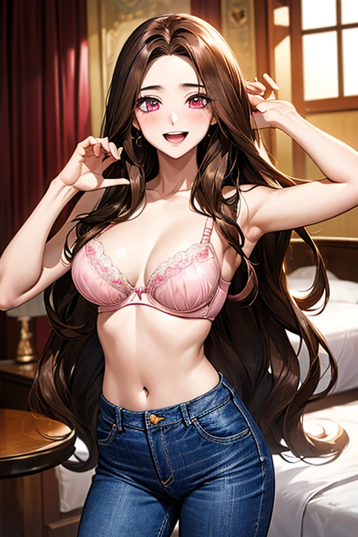 Very detailed、highest quality、Best image quality、masterpiece、8k、Anime Face、A kind smile、Open Mouth、((brown long hair:1.5))、big breast, sexy、 beautiful body 、Cowboy Shot, Sexual Intercourse, ((pink eyes)), hotel bedroom, ((( Jeans))), (((pink bra)))