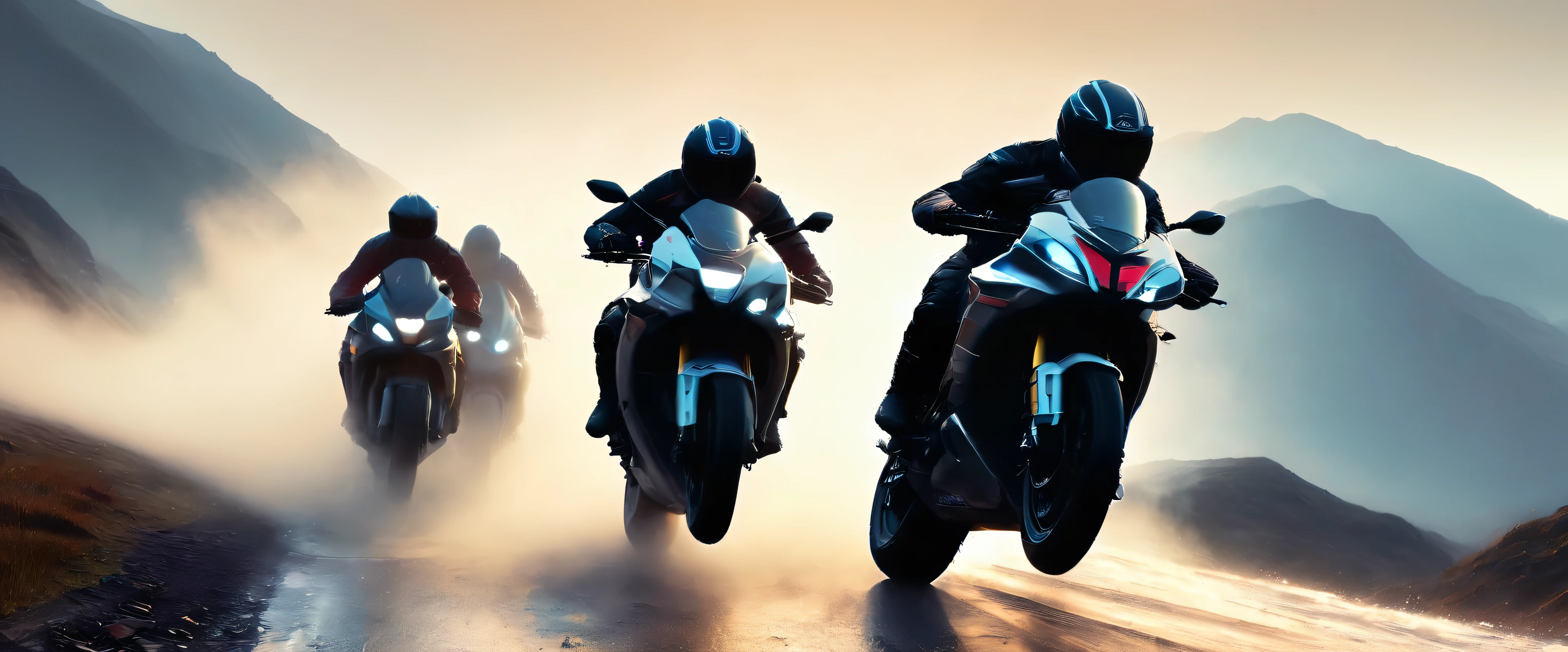 (best quality:1.33), (masterpiece:1.42), (realistic:1.24), (detailed:1.15), science fiction,scenery, Feel the wind in your hair and the rush of adrenaline as you race with a group of skilled bikers, rides through the hills, action_pose, urban techwear, yhmotorbike,Nature