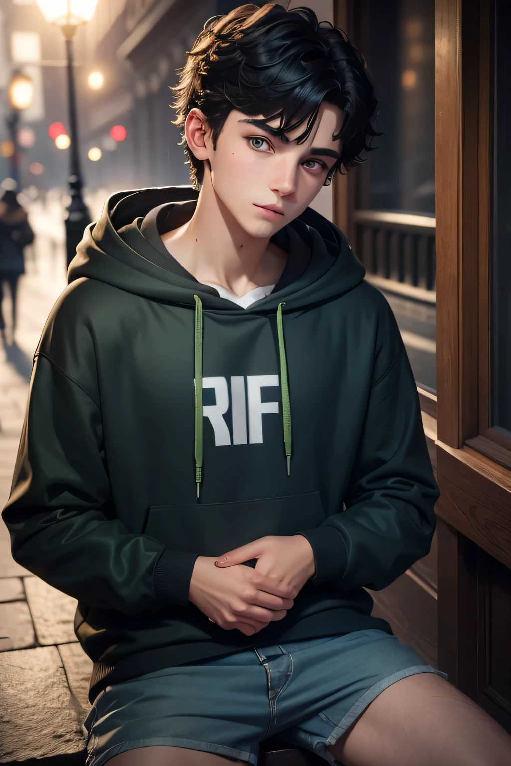 european boy, short dark black hair, blue hoodie, pearly green eyes, shy expression, detailed face and eyes, cinematic lighting, 8k, highres, photorealistic